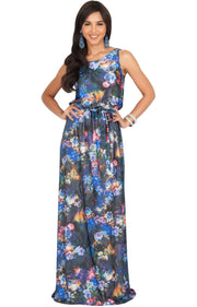 AERIN - Summer Sleeveless Floral Printed Maxi Dress - Blue & Black / Extra Large