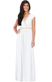 AILEEN - Stylish Cap Sleeve Gold Lace Evening Cocktail Long Maxi Dress - Dresses