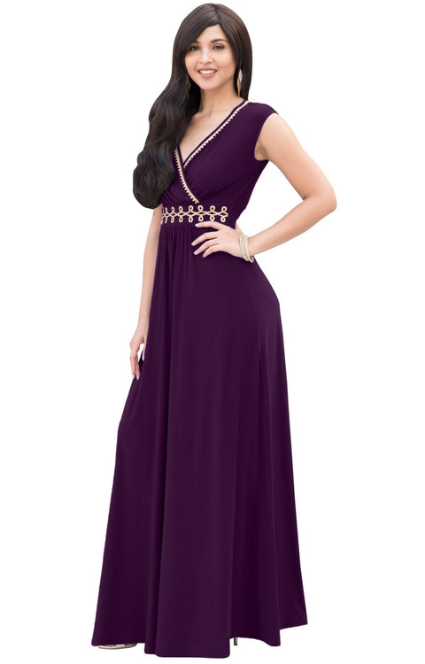 AILEEN - Stylish Cap Sleeve Gold Lace Evening Cocktail Long Maxi Dress - Dresses