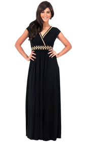 AILEEN - Stylish Cap Sleeve Gold Lace Evening Cocktail Long Maxi Dress - Black / Small - Dresses