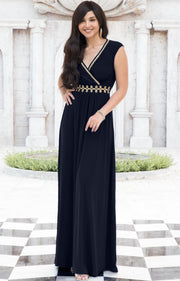 AILEEN - Stylish Cap Sleeve Gold Lace Evening Cocktail Long Maxi Dress - Dark Navy Blue / Small - Dresses