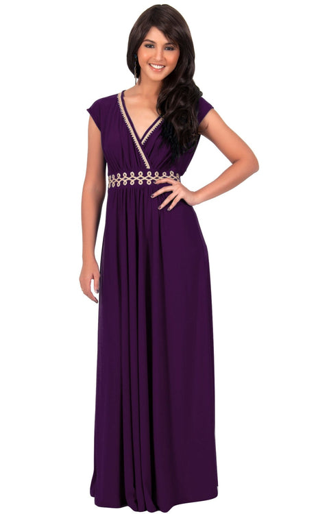 AILEEN - Stylish Cap Sleeve Gold Lace Evening Cocktail Long Maxi Dress - Purple / Small - Dresses