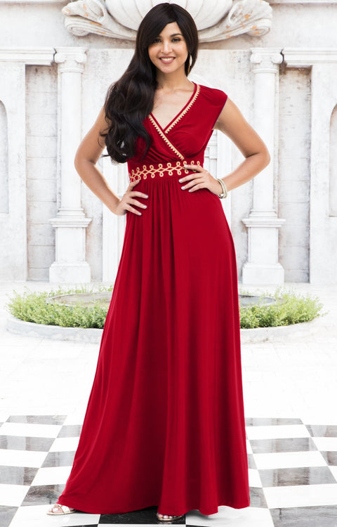 AILEEN - Stylish Cap Sleeve Gold Lace Evening Cocktail Long Maxi Dress - Red / Small - Dresses