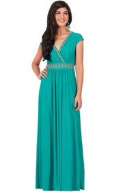 AILEEN - Stylish Cap Sleeve Gold Lace Evening Cocktail Long Maxi Dress - Turquoise / Small - Dresses