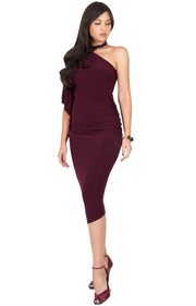ALLEGRA - Womens One Off the Shoulder Bridesmaid Formal Midi Dress - Maroon Wine Red / 2X Large
