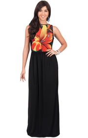 AMANDA - Floral Print Summer Sleeveless Party Cocktail Long Maxi Dress - Black & Orange / 2X Large