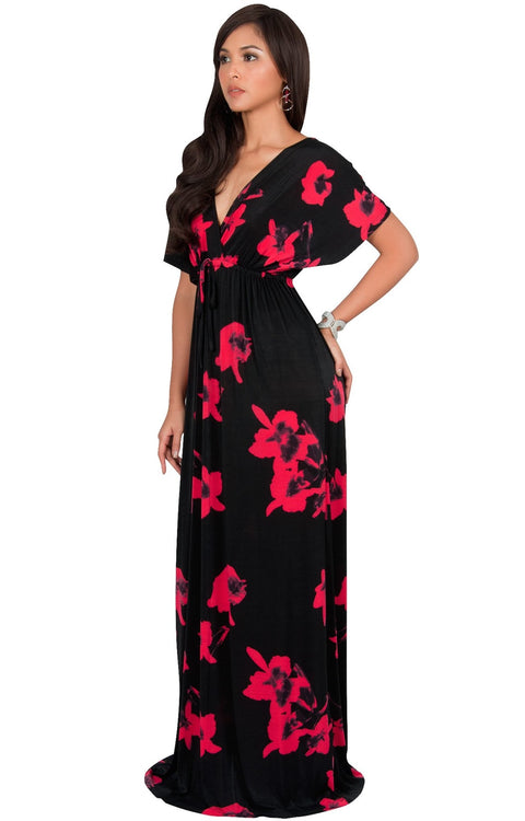 AMARYLLIS - Long Kimono Sleeve V-neck Floral Print Casual Maxi Dress