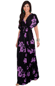 AMARYLLIS - Long Kimono Sleeve V-neck Floral Print Casual Maxi Dress - Black & Purple / 2X Large