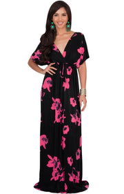 AMARYLLIS - Long Kimono Sleeve V-neck Floral Print Casual Maxi Dress - Hot Fuchsia Pink / 2X Large