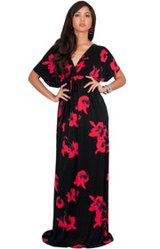 AMARYLLIS - Long Kimono Sleeve V-neck Floral Print Casual Maxi Dress - Red / 2X Large