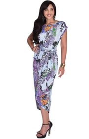 ANGELA - Short Cap Sleeves Floral Print Chic Asymmetrical Midi Dress - Dresses