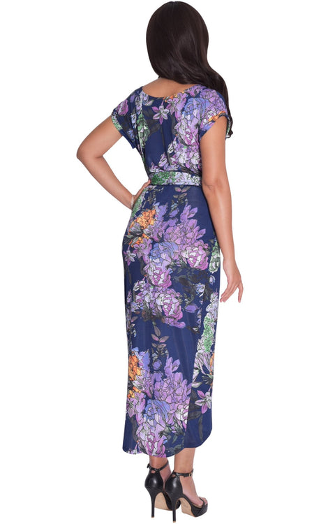 ANGELA - Short Cap Sleeves Floral Print Chic Asymmetrical Midi Dress - Dresses