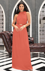 ANGELINA - Sleeveless Tie Neck Cocktail Long Maxi Dress - Coral Pink Peach / Small