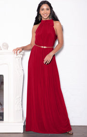 ANGELINA - Sleeveless Tie Neck Cocktail Long Maxi Dress - Red / 2X Large