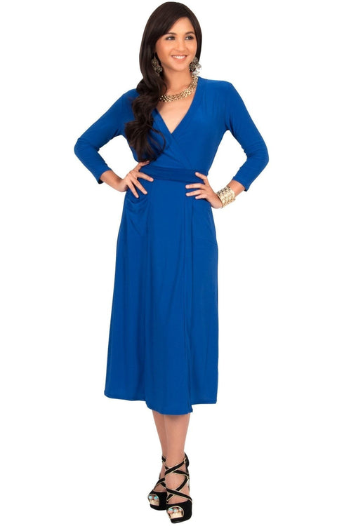 ANITA - 3/4 Sleeve Knee Length Wrap Casual Semi Formal Midi Dress - Cobalt / Royal Blue / Medium