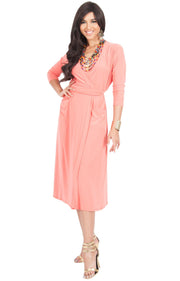 ANITA - 3/4 Sleeve Knee Length Wrap Casual Semi Formal Midi Dress - Coral Pink Peach / Small