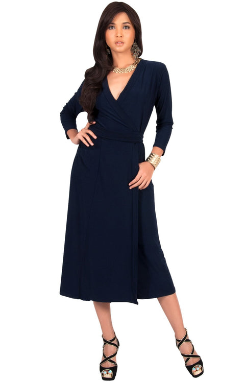ANITA - 3/4 Sleeve Knee Length Wrap Casual Semi Formal Midi Dress - Dark Navy Blue / Medium