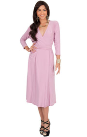 ANITA - 3/4 Sleeve Knee Length Wrap Casual Semi Formal Midi Dress - Dusty Pink / Medium