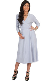 ANITA - 3/4 Sleeve Knee Length Wrap Casual Semi Formal Midi Dress - Gray / Grey / Medium