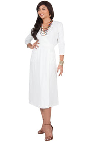ANITA - 3/4 Sleeve Knee Length Wrap Casual Semi Formal Midi Dress - Ivory White / Medium