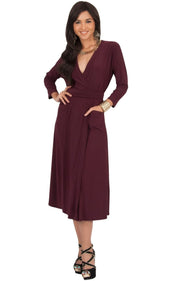 ANITA - 3/4 Sleeve Knee Length Wrap Casual Semi Formal Midi Dress - Maroon Wine Red / Small