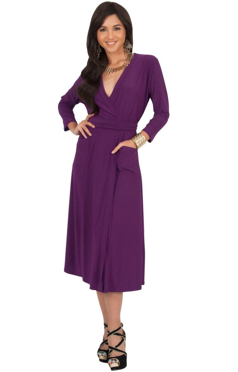 ANITA - 3/4 Sleeve Knee Length Wrap Casual Semi Formal Midi Dress - Purple / Medium