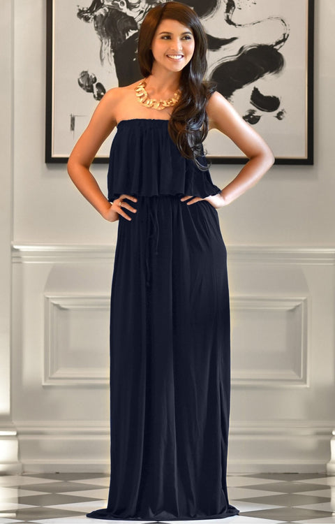 ANIYAH - Strapless Maxi Dress Long Evening Summer Flowy Gown Beach - Dark Navy Blue / 2X Large