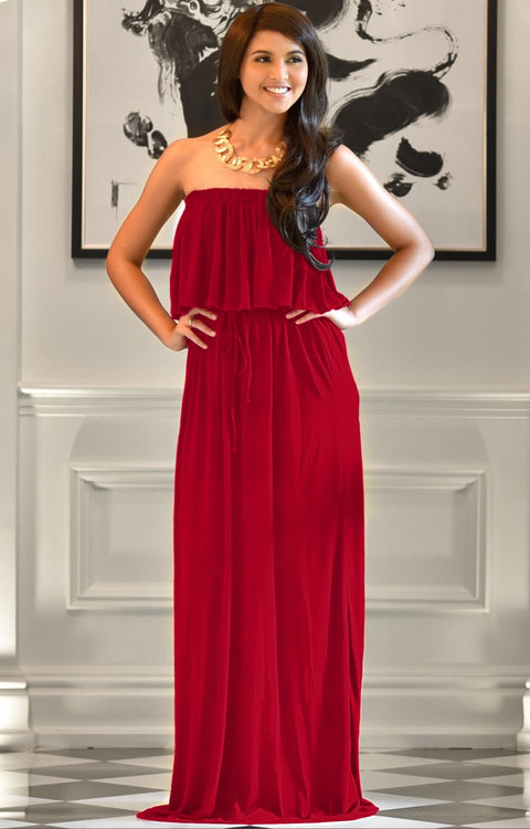 ANIYAH - Strapless Maxi Dress Long Evening Summer Flowy Gown Beach - Red / 2X Large