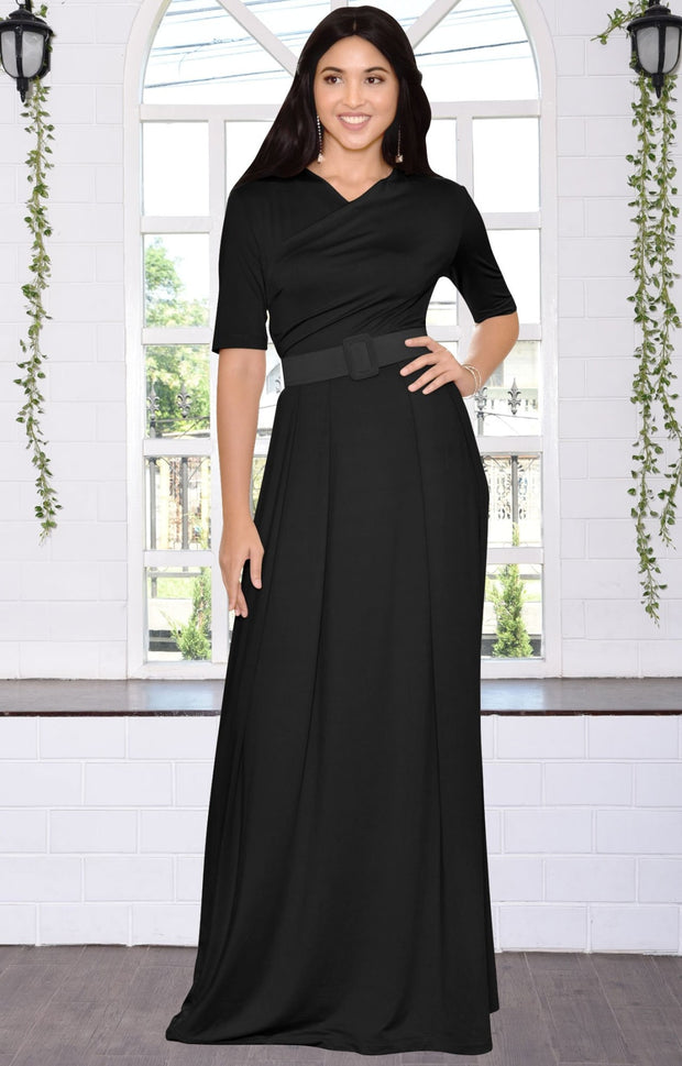 ARYA - Long Elegant Modest Short Sleeve Casual Flowy Maxi Dress Gown - Black / 2X Large