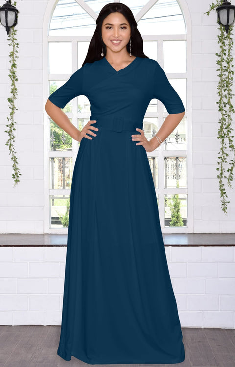 ARYA - Long Elegant Modest Short Sleeve Casual Flowy Maxi Dress Gown - Blue Teal / 2X Large