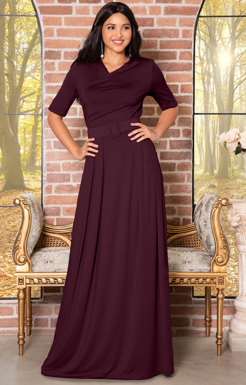 ARYA - Long Elegant Modest Short Sleeve Casual Flowy Maxi Dress Gown - Maroon Wine Red / Small