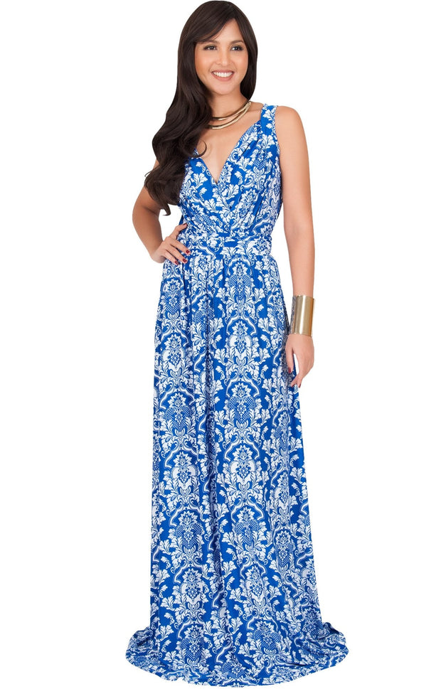 ASH - Sleeveless Flowy Cute Sexy Summer Flower Sun Maxi Dress - Royal Blue & White / 2X Large