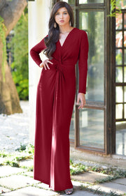AUDREY - Flowy Long Sleeve Maxi Dress Gown Casual Modest Bridal - Crimson Dark Red / 2X Large