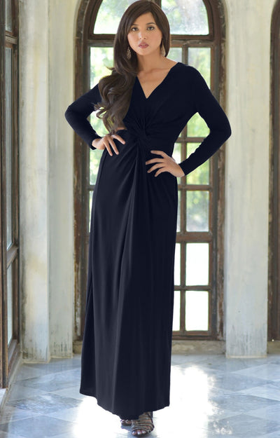 AUDREY - Flowy Long Sleeve Maxi Dress Gown Casual Modest Bridal - Dark Navy Blue / 2X Large
