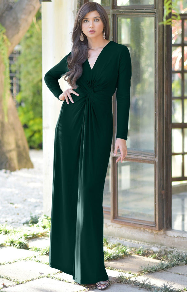 AUDREY - Flowy Long Sleeve Maxi Dress Gown Casual Modest Bridal - Emerald Green / 2X Large