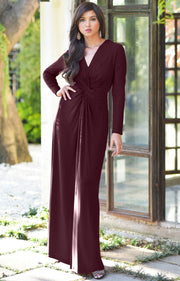 AUDREY - Flowy Long Sleeve Maxi Dress Gown Casual Modest Bridal - Maroon Wine Red / 2X Large