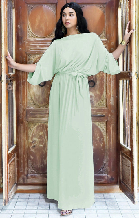 BETSI - Long Flowy Casual Half Short Sleeve Elegant Dressy Maxi Dress - Light Pale Green / Small