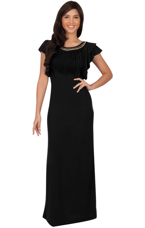 BONNIE - Sleeveless Embellished Neck Cap Sleeve Long Maxi Dress - Black / Small