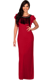 BONNIE - Sleeveless Embellished Neck Cap Sleeve Long Maxi Dress - Red / Small