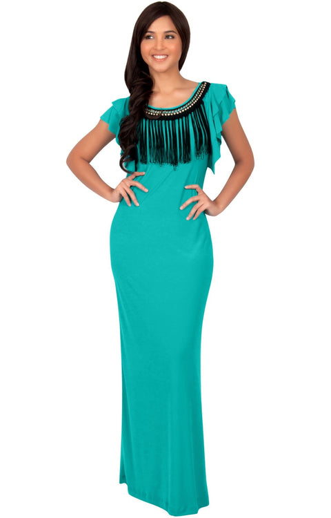 BONNIE - Sleeveless Embellished Neck Cap Sleeve Long Maxi Dress - Turquoise / Small