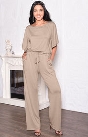 BRITTANY - Dressy Short Sleeve Boat Neck Jumpsuit - Tan Light Brown / 2X Large