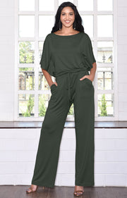 BRITTANY - Dressy Short Sleeve Boat Neck Jumpsuit - Olive Green / 2X Large