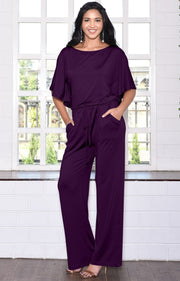 BRITTANY - Dressy Short Sleeve Boat Neck Jumpsuit - Purple / 2X Large