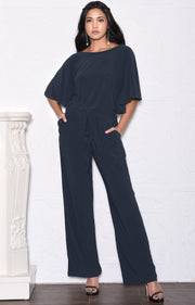 BRITTANY - Dressy Short Sleeve Boat Neck Jumpsuit - Slate Gray Grey / 2X Large