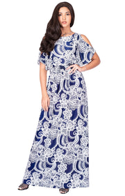 CALLIE - Long Floral Print Short Sleeve Summer Sundress Maxi Dress - Navy Blue & White / Small
