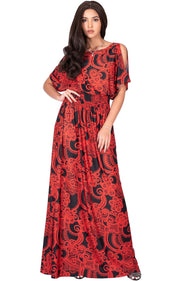 CALLIE - Long Floral Print Short Sleeve Summer Sundress Maxi Dress - Red & Black / Small
