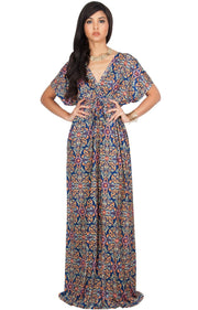 CERA - Kimono Sleeve V-Neck Printed Sumner Maxi Dress - Blue & Orange / 2X Large