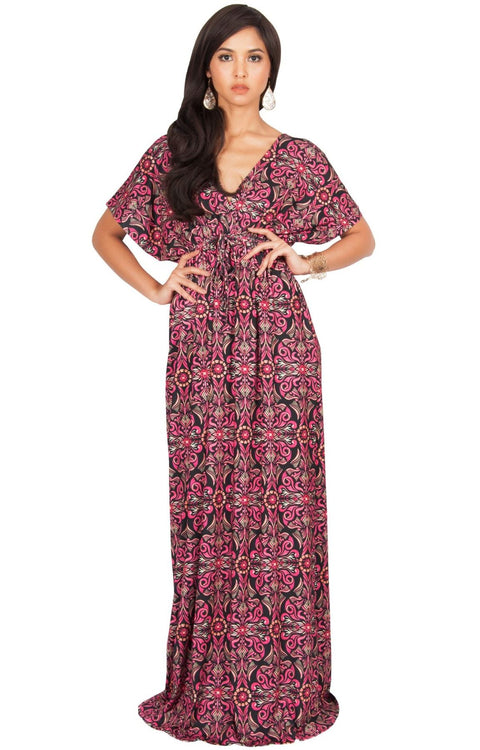 CERA - Kimono Sleeve V-Neck Printed Sumner Maxi Dress - Pink & Black / 2X Large