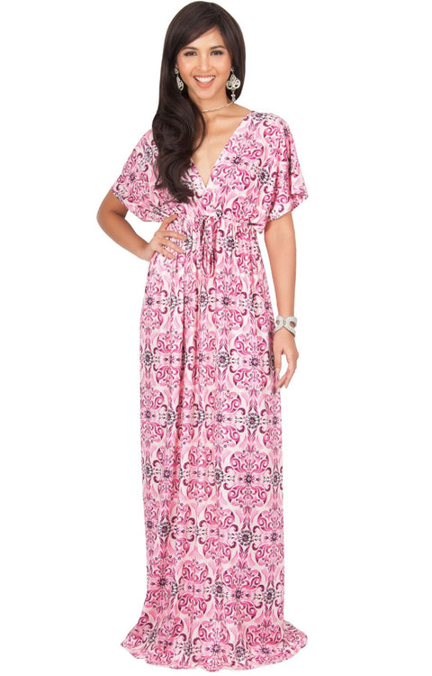 CERA - Kimono Sleeve V-Neck Printed Sumner Maxi Dress - Pink & White / 2X Large