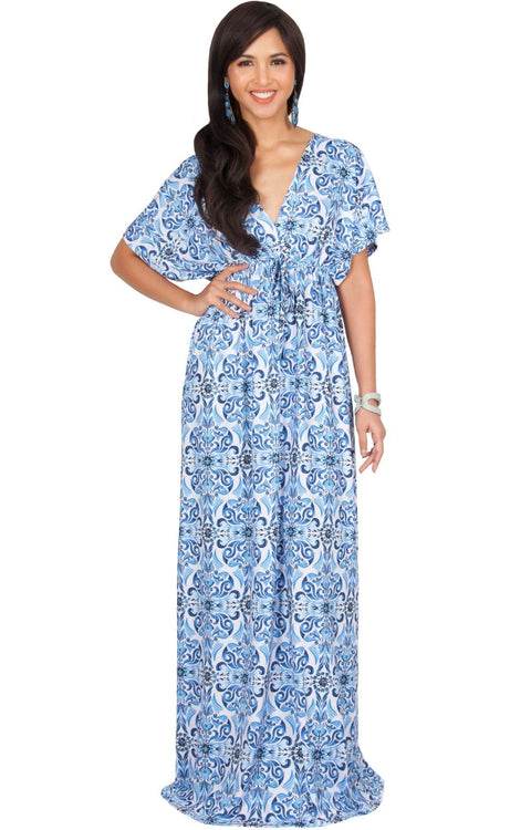 CERA - Kimono Sleeve V-Neck Printed Sumner Maxi Dress - Royal Blue & White / 2X Large